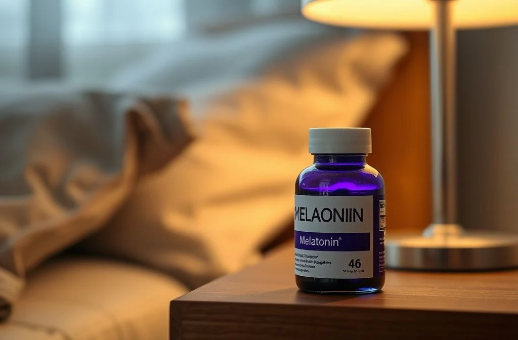A melatonin bottle on a nightstand
