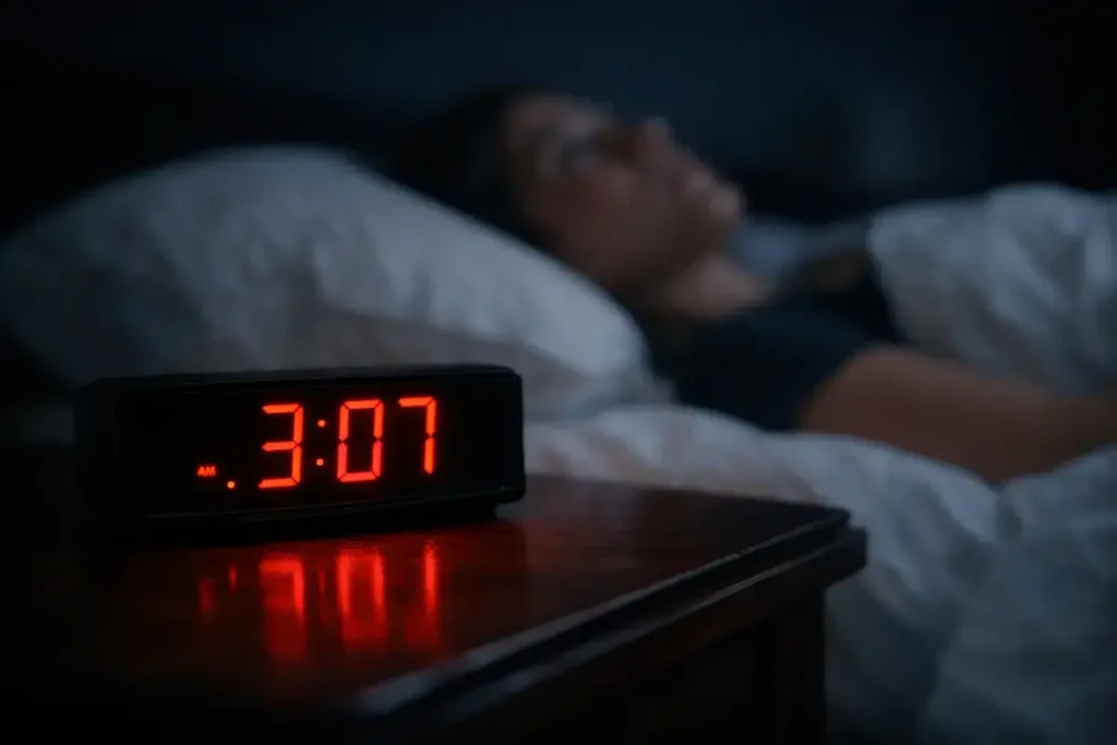An alarm clock reading 3:07 in a dark bedroom